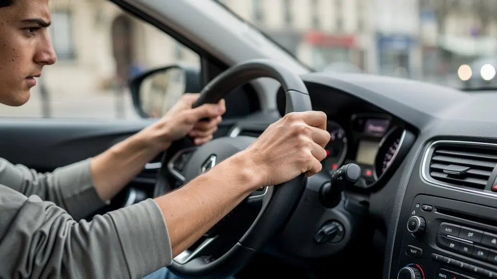 Mains d'un jeune élève sur le volant d'une voiture auto-école montrant la concentration intense requise pendant la formation de conduite accélérée